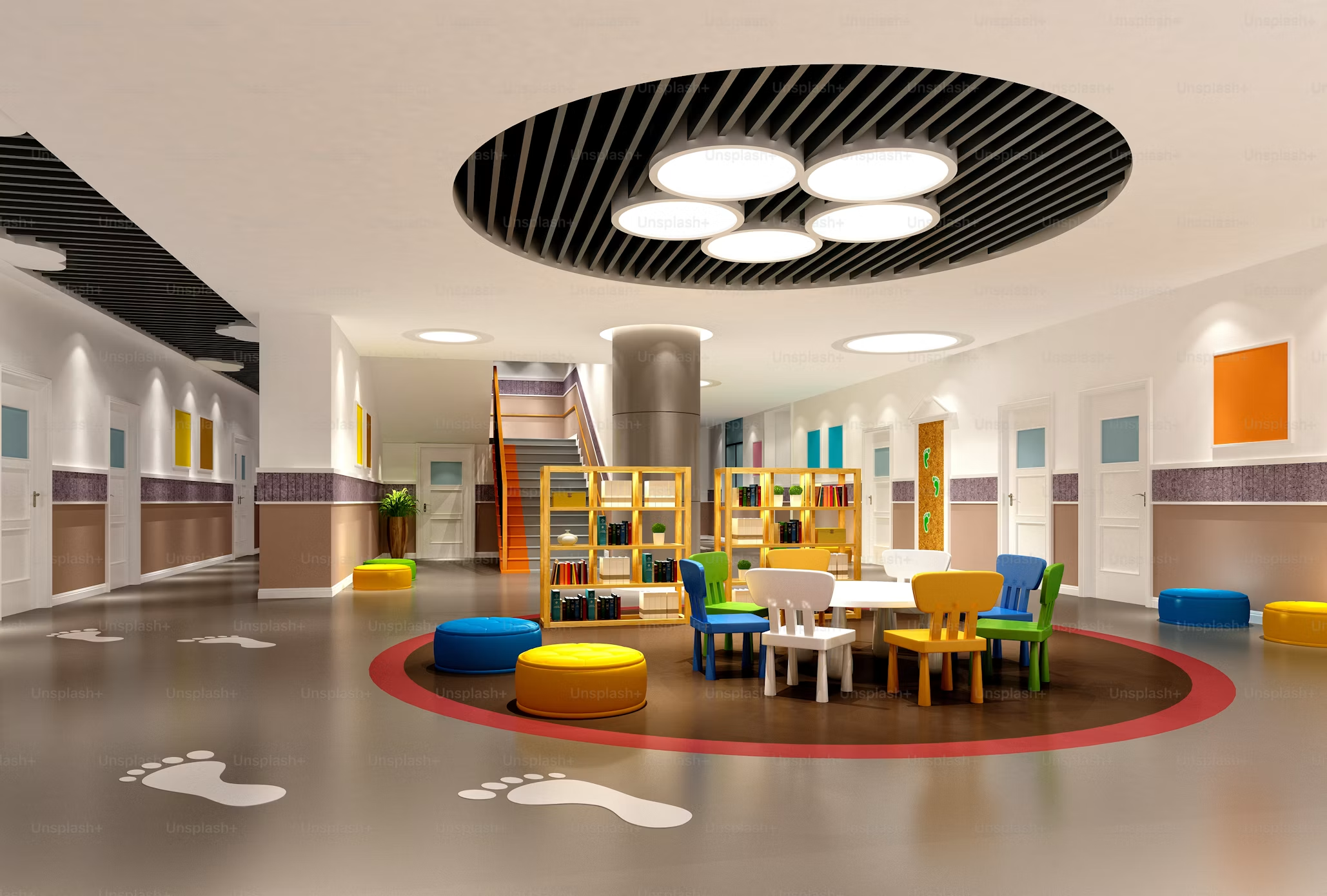 A cheerful children's reading and play corner with colorful stools